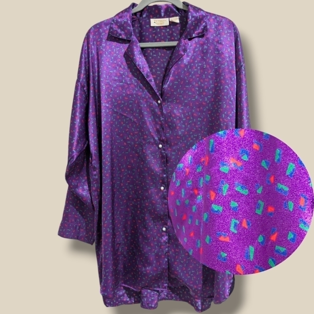 Victoria's Secret Vintage Purple Geometric Pearl Button Satin Nightgown 80s
